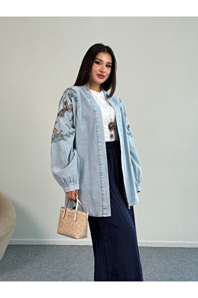 PİNK FLY سترة دينم كبيرة الحجم مع تفاصيل مطرزة