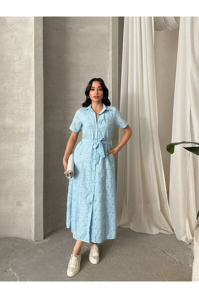 PİNK FLY İthal Pamuk Fisto Çiçek Desenli Cep Ve Kemer Detaylı Astarlı Elbise