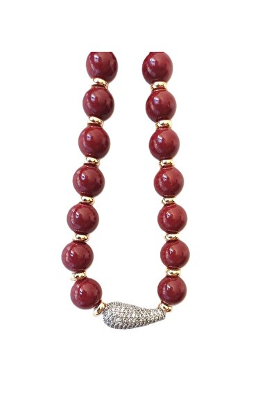 BEBİ BİJUTERİ ZİRKON TAŞ PARÇA DETAYLI BORDO AKRİLİK BONCUK KOLYE