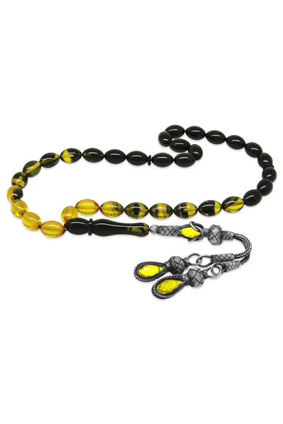 Tesbihane 1000 Ayar Gümüş Çift Kazaz Püsküllü Arpa Kesim Süzme Sarı Siyah Ate...