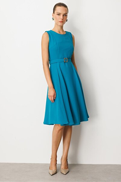 accort Cep Detaylı Kolsuz Krep Elbise-TURKUAZ