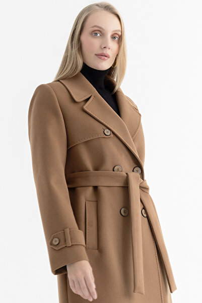 Mia Kara Ön Pelerin Detaylı Kruvaze Kol Apoletli Uzun Kadın Kaban 4589 - Kamel