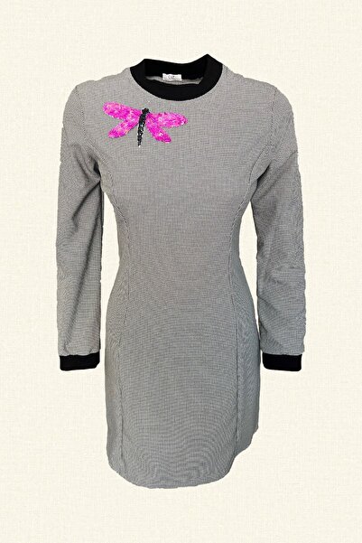 GZ Design Pink Dragonfly Embroidered Houndstooth Patterned Dress