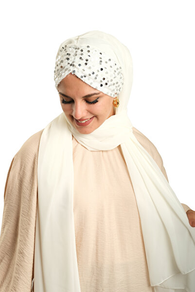 HÜRREM BONE White Back Tie Shawl Chiffon Sequined Pleated 1910_42