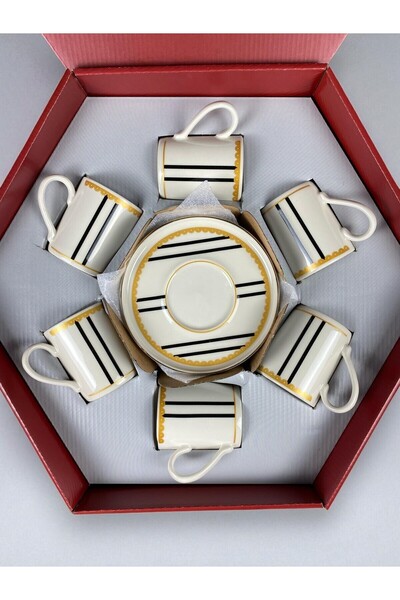 qtahya homes queen of kütahya Art Deco Coffee Cup Set 12 Pcs Porcelain Vertical Line