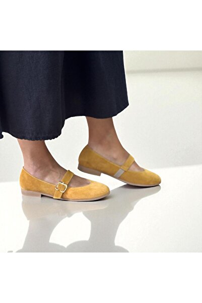 NE&VE SHOES Mustard Suede Genuine Leather Round Toe Buckle Women's Ballerinas