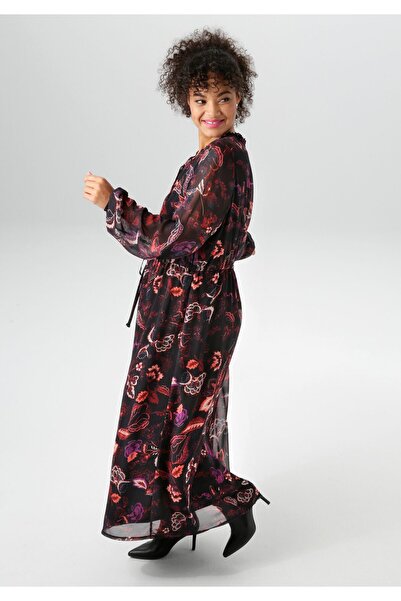 Şans Γυναικείο φόρεμα σιφόν με μαύρο, λουλουδάτο σχέδιο, δαντέλα στη μέση 65N39026