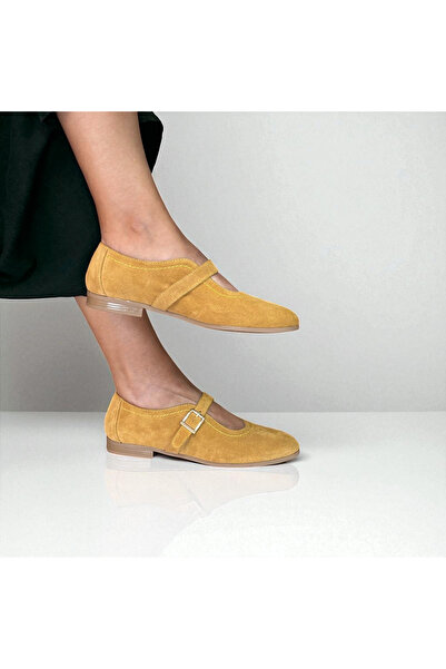 NE&VE SHOES Mustard Suede Genuine Leather Buckle Women's Ballerinas