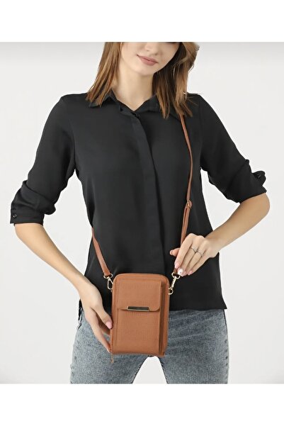 Universal Kahverengi Kadın Çapraz Askılı Telefon 3 Bölmeli Cüzdan Çanta