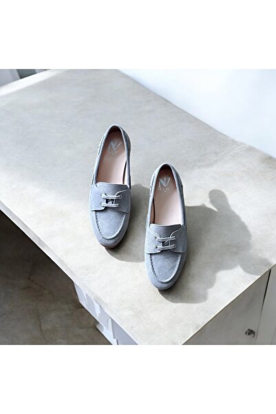 NE&VE SHOES Gri Süet Hakiki Deri Kadın Bağcıklı Loafer Ayakkabı