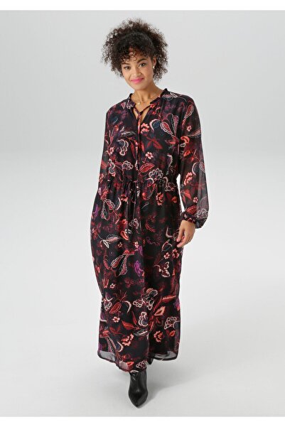 Şans Γυναικείο φόρεμα σιφόν με μαύρο, λουλουδάτο σχέδιο, δαντέλα στη μέση 65N39026