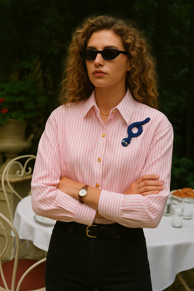 GZ Design Mavi Tırtıl Işlemeli Pembe Çizgili Oversize Gömlek