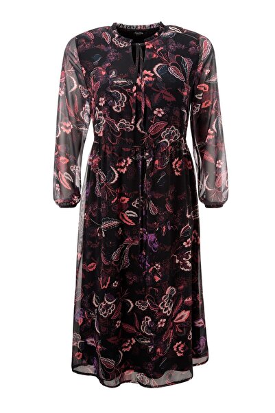 Şans Women's Plus Size Black, Floral Print, Waist Lace-Up Lined Chiffon Dress 65N39026