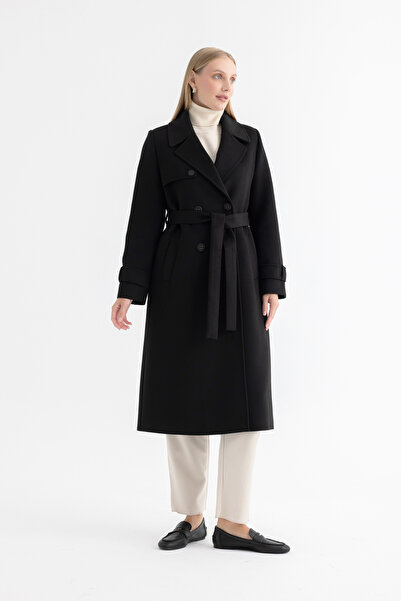Mia Kara Long Women's Coat with Cape Detail on the Front and Double-Breasted ...