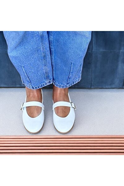NE&VE SHOES Beyaz Deri Tek Bantlı Yuvarlak Burun Kadın Babet