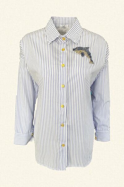 GZ Design Dolphin Embroidered Blue Striped Oversize Shirt