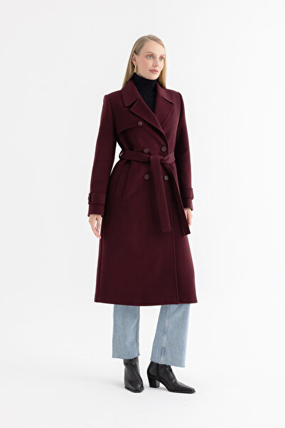 Mia Kara Ön Pelerin Detaylı Kruvaze Kol Apoletli Uzun Kadın Kaban 4589 - Bordo