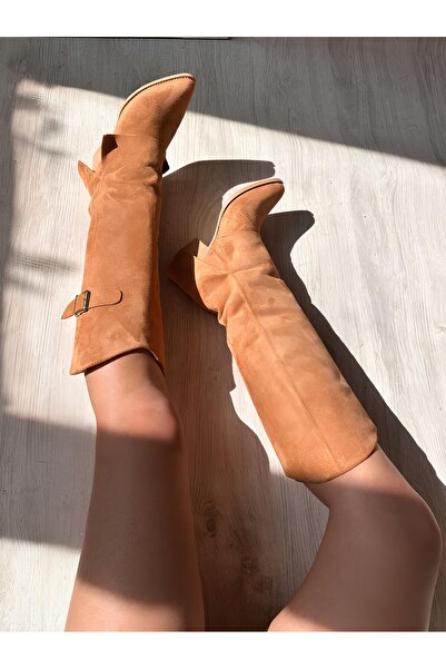 Favi Ayakkabı Camel Süet Paça Görünümlü Sivri Burun Uzun Tarz Çizme