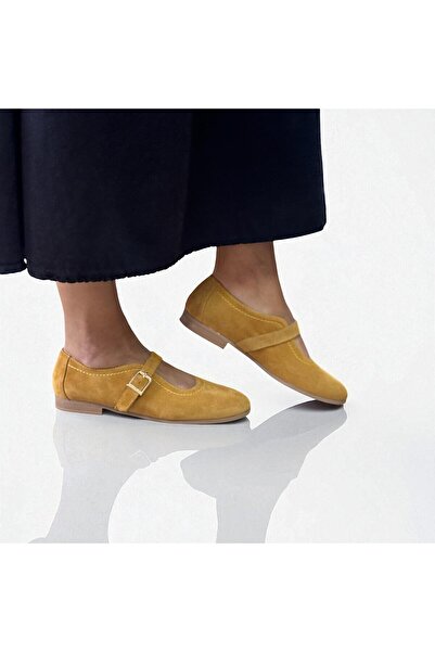 NE&VE SHOES Mustard Suede Genuine Leather Buckle Women's Ballerinas