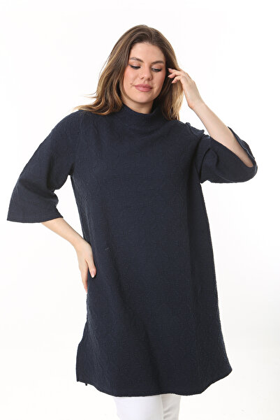 Şans Women's Large Size Navy Blue Stand Collar Self Patterned Capri Sleeve Tunic Dress 65N37518