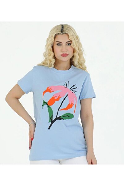 nurneva Γυναικείο μπλουζάκι με λαιμόκοψη με λουλούδια με τύπωμα μπλε