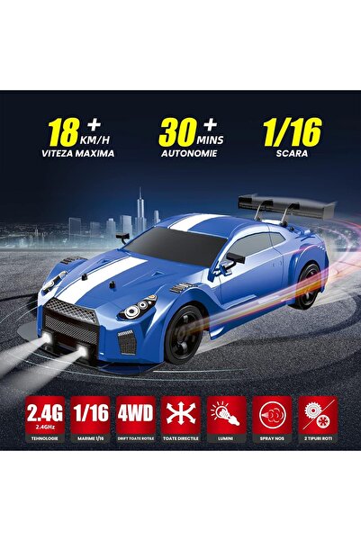 Timebox Mașină RC Drift, 20 km/h, lumini LED, 2 baterii, anvelope interschimbabile, scară 1:16, albastră