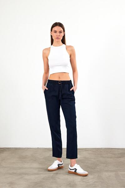 VENA Women's Alian Navy Blue Elastic Waist Lyocell Trousers