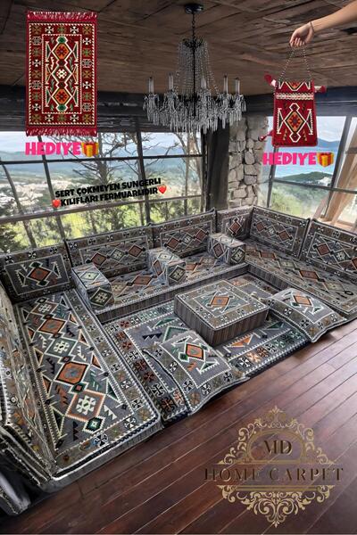mdhomecarpet Şark Köşesi Minder Takımı | Yer , Sırt Minderi, Etnik Desen, Salon ve Ev İçin 20 Parça Süngerli
