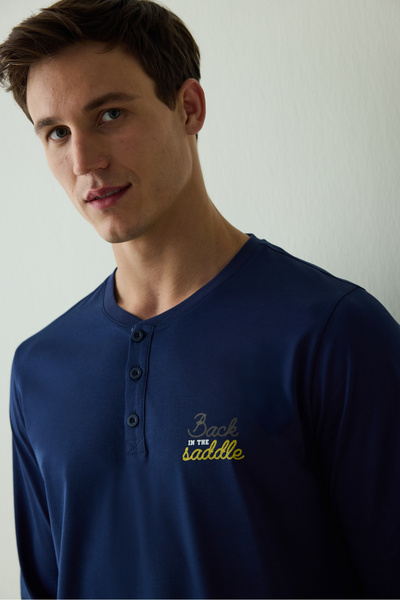Penti Erkek Saddle Slogan Baskılı Düğmeli Bisiklet Yaka Pamuklu Pijama Takımı
