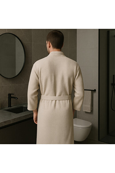 LaraLisa Collection Unisex Beige Color Women's Men's 100% Cotton Pique Bathrobe with Kimono Collar and Hidden Pockets