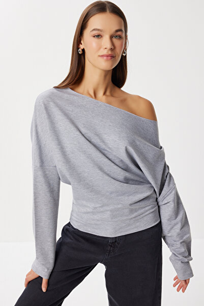 Lovelyİstanbul Açık Omuzlu Örme Sweatshirt LEN0044 GRİ MELANJ