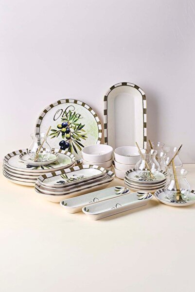 Perotti Olives 37 Parça Yaldızlı Kahvaltılık Seti Çay Seti 6 Kişilik Stackabl...