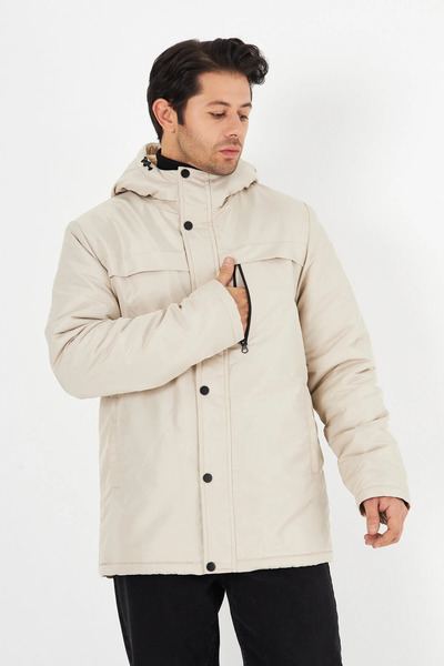 D1fference Erkek Bej Kürklü Kapüşonlu Su İtici Rüzgar Geçirmez Kışlık Mont & Kaban & Parka