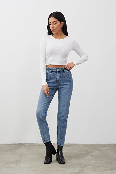 VENA Norah Med Blue Yıpratma Detaylı Beli Lastikli Jean Pantolon - Med Blue