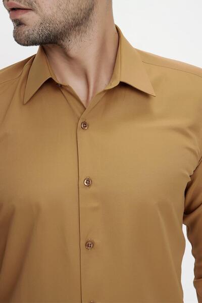 Efor Slim Fit Pamuk Saten Klasik Taba Gömlek Gk 624