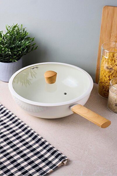 Perotti Danish Cook Beige İndüksiyon Tabanlı Kapaklı Wok Tava 30 cm