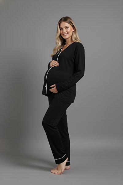 Talvien Fitilli Bambu Kumaş Uzun Kollu Düğmeli Salaş Takım – Hamile İçin Uygun