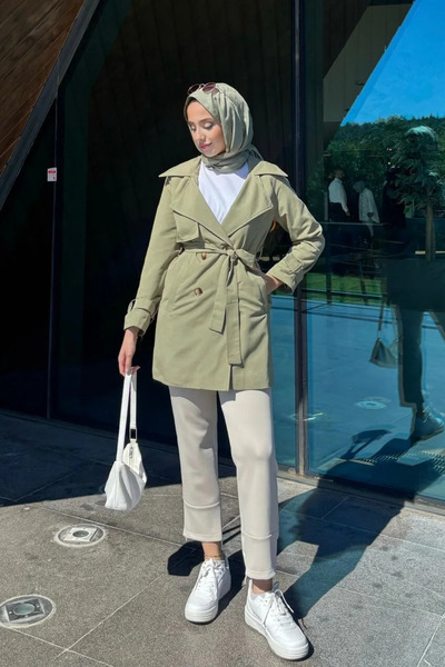 Tesettür Diyarı Kolu Kemer Detaylı Kısa Trenç-Haki