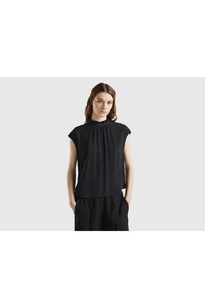 United Colors of Benetton Women's Short Sleeve Plain Black Blouse