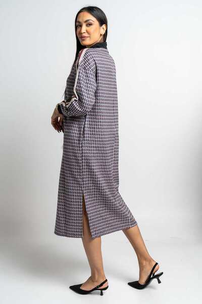 Nichii Women's Long Sleeve Striped Midi Dress with Checkered Pattern