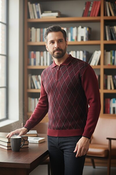 Kamalı Men's Steel Knit Diamond Patterned Shirt Collar Zippered Polo Collar Anti-Pilling Knitwear Winter Dad Sweater