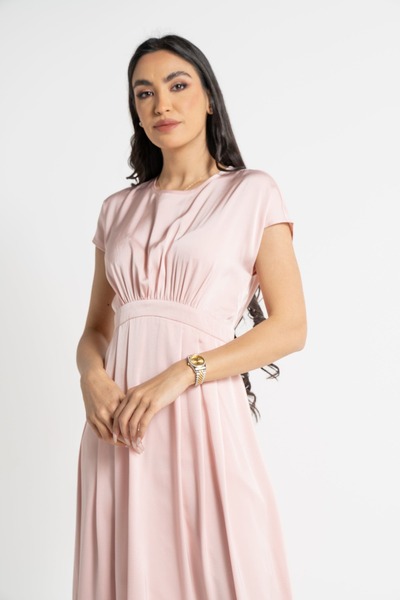 Nichii Women's Solid Midi Dress with Short Sleeves and Cinched Waist