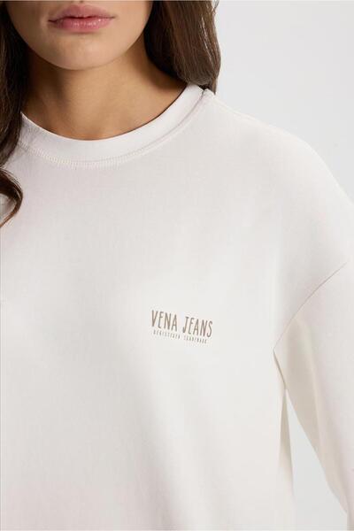 VENA Women's Crew Neck Logo Printed Long Sleeve T-Shirt-Ivory