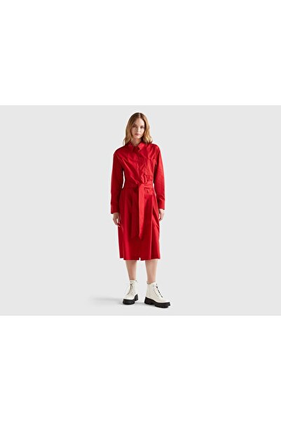 United Colors of Benetton Women's Midi Shirt Dress with Waist Belt and Chest Pocket