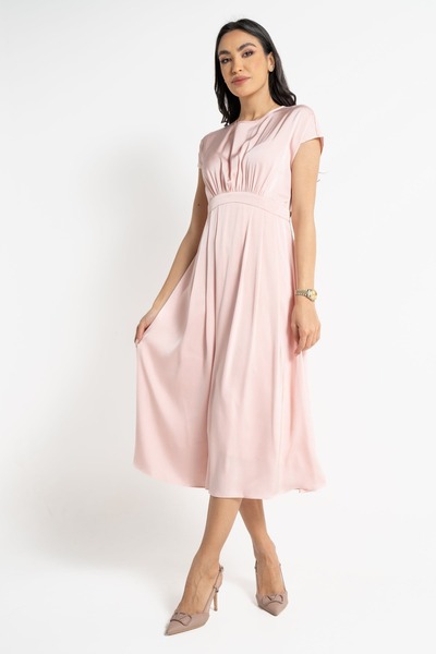 Nichii Women's Solid Midi Dress with Short Sleeves and Cinched Waist