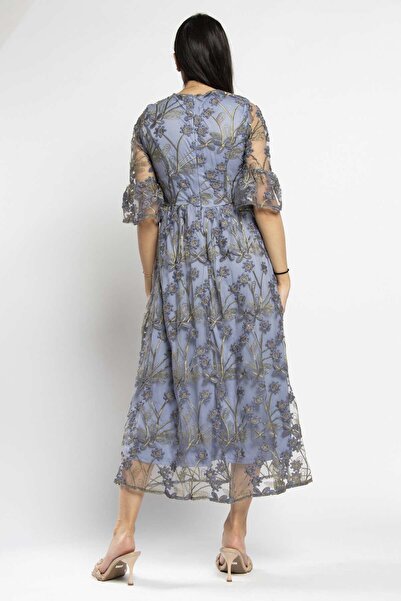 Nichii Floral Midi Dress with Lined Interior and Sheer Sleeves