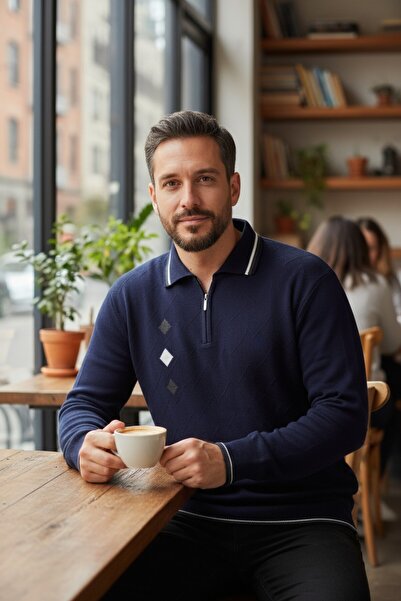 Kamalı Чоловічий трикотажний светр поло на блискавці з коміром на блискавці преміум-класу - візерунок Gofra, захист від пілінгу