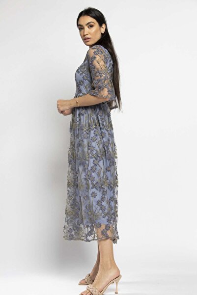 Nichii Floral Midi Dress with Lined Interior and Sheer Sleeves