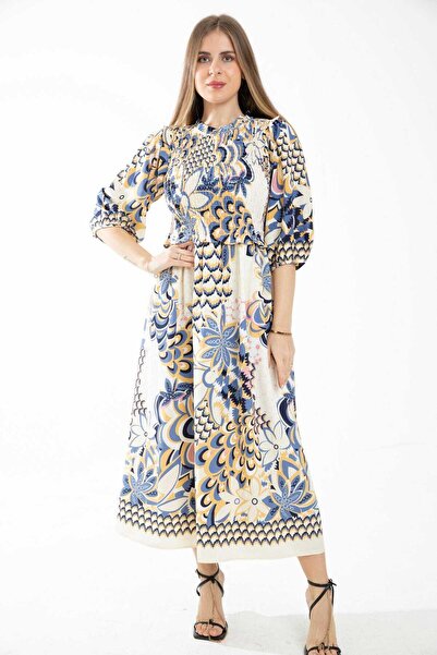 mica فستان ميدي بأكمام 3/4 مع تفاصيل مطاطية