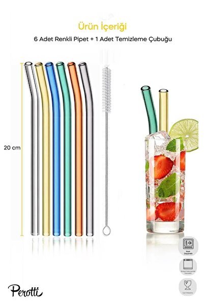 Perotti Straw 6'lı Renkli Cam Eğimli Isıya Dayanıklı (Borosilikat) Pipet Ve 1 Adet Pipet Temizleme Fırçası